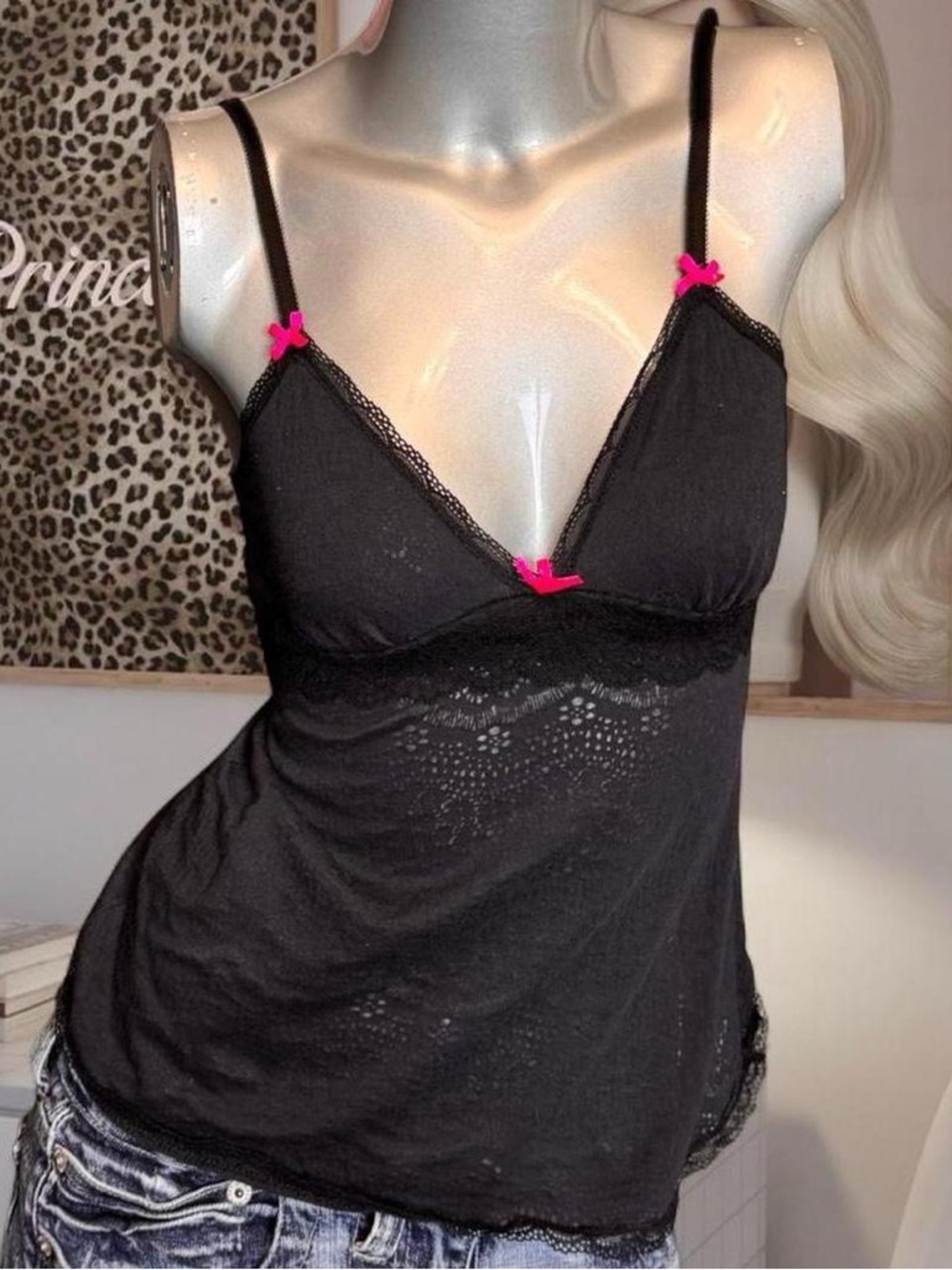 La Senza Vintage Y2K Black Baby Doll Top W/ Pink Bows